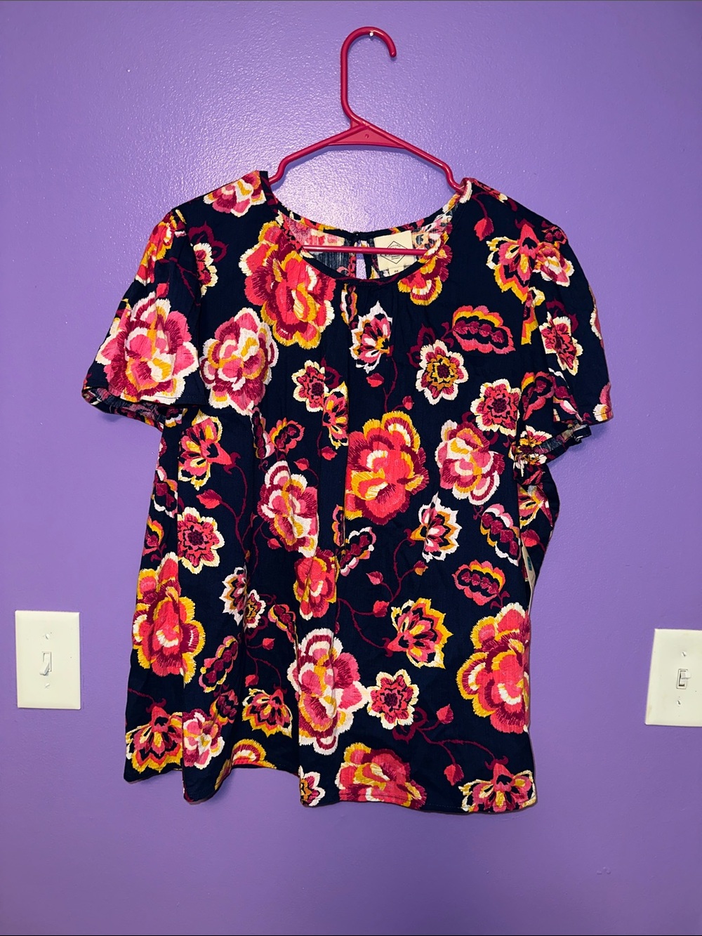 St. John's Bay Navy Floral Short-Sleeve Top with Pink & Yellow Blooms